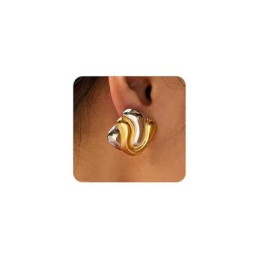 Imagem de Brincos de metal misto de dois tons, brincos femininos com estrela dourada de aço inoxidável, brincos pendentes quadrados de onda torcida, acessórios de joias modernas, Large, Aço inoxidável, Sem