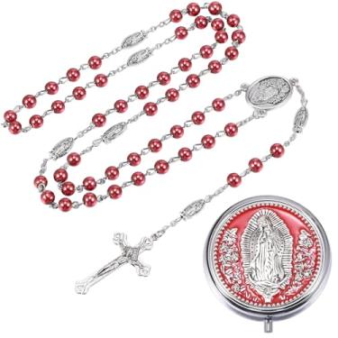 Imagem de Weyuley 2 peças/1 conjunto de colar de contas de oração com cruz católica e conjunto de caixa de joias da Virgem Maria. É um presente religioso ideal para batismo e oração., free size, Aço inoxidável