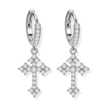 Imagem de Brincos góticos para mulheres e homens grunge emo Y2k brincos de cruz pingente strass gótico punk pequeno brinco de argola brinco de argola Halloween Natal presentes, Middle, Cobre, Sem pedra preciosa