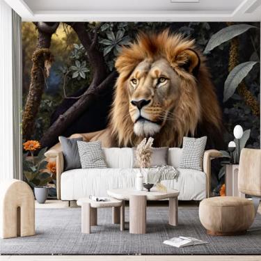 Imagem de Murais de parede de tamanho personalizado, leão macho juba marrom-dourado tecido de parede autoadesivo folhagem verde floresta (SEM PVC) Papel de parede grande removível para sala de estar, quarto