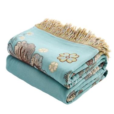 Imagem de VANJOROY Cobertor Boho 152,4 cm x 203,2 cm, 100% algodão orgânico, respirável, ultramacio, para cama, colcha azul - decoração rústica floral, cobertor reversível de luxo para sofá, sofá, cadeira e