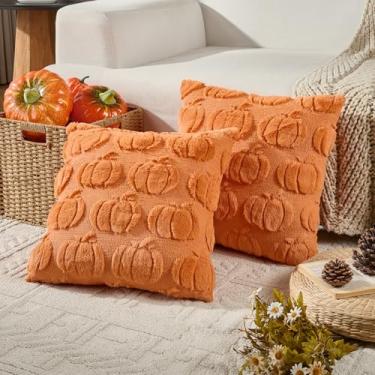 Imagem de Volcanics Conjunto de 2 capas de almofada de abóbora de outono 50 x 50 cm, capas de almofada decorativas de pele sintética laranja, fronhas de pelúcia fofas para decoração de sofá de fazenda de