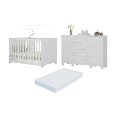 Imagem de Berço Americano 3 em 1 com Colchão Incluso e Cômoda 2 Portas 4 Gavetas Dengo Multimóveis Mp4706 Branco