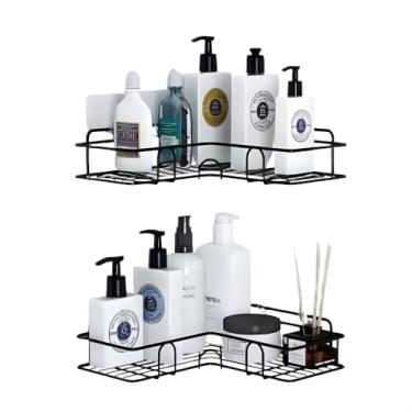 Imagem de Prateleira Aramado de Canto em L Porta Shampoo, Metal, Preto, Kit com 2 Conjuntos, 2 Peças Cada, Adesivo, 26x11cm e 28x13cm