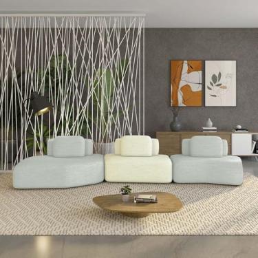 Imagem de Sofá Ilha Sala de Estar Dakota 3 Módulos 484cm Encostos Almofadas Soltas Linho Cinza/OffWhite G33 - Gran Belo