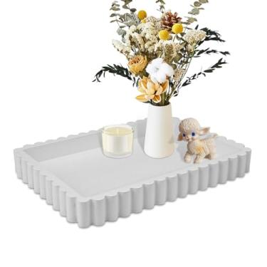 Imagem de Bandeja decorativa de concreto branco, bandeja de mesa de centro de 35 × 25 × 4,1 cm com almofadas antiderrapantes, peça central de mesa multiuso para joias, velas e itens de decoração, decoração de
