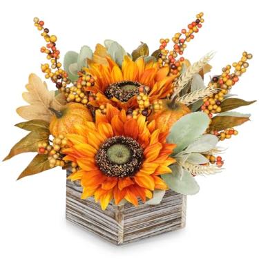 Imagem de DILATATA Decoração de outono floral colheita de outono com girassóis artificiais, cabaça de orelhas de cordeiro e arranjo de frutas silvestres para decoração de outono e festa de Ação de Graças