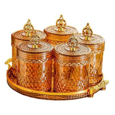 Imagem de IEUDNS Recipiente para armazenamento de alimentos com 5 garrafas, suporte profissional para armário, ideal para presentear com potes de tempero e bandeja, Âmbar