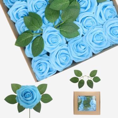 Imagem de YEHLIABO Flores artificiais de espuma de aparência real, conjunto de flores artificiais de rosa para casamento para buquês de casamento, decorações de arranjos de flores (azul bebê, 100)