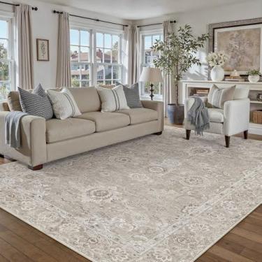 Imagem de WondRg Tapete lavável cinza e marrom 15 x 23 cm para sala de estar, quarto, neutro, floral, macio, antiderrapante, tapete envelhecido para sala de jantar, berçário, escritório, ambientes internos