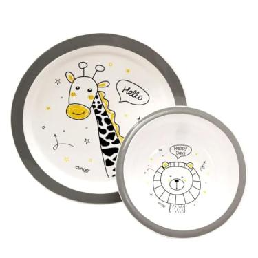 Imagem de Kit Prato e Tigela Infantil Zoo, Branco com Borda Cinza, 22x22x5 cm, Resistente ao Microondas e Lava-Louças, Design com Ventosa, Estampa de Animais