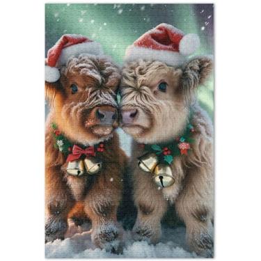 Imagem de Highland Cows Quebra-cabeça de Natal fofo 1000 peças adultos engraçados únicos para adultos pintura de belas artes, 75 x 40 cm