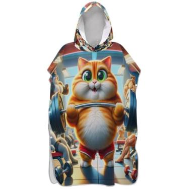Imagem de Joisal Roupão leve para trocador de poncho de surfe para adultos, toalhas de banho com capuz, desenho animado, gato, academia, ponchos de praia atléticos para homens