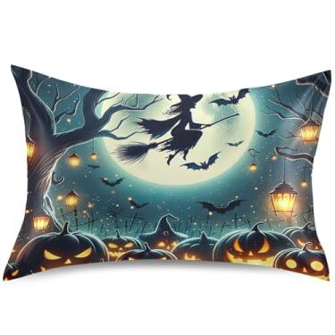 Imagem de Capas de almofada de cetim com estampa de abóboras de bruxa de Halloween, capa de travesseiro padrão King Queen, presentes de vida saudável, tamanho Queen, 76 cm x 50 cm