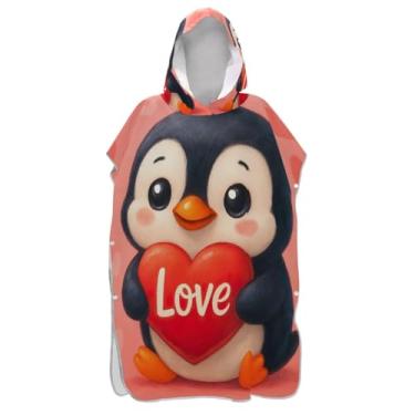 Imagem de Toalha poncho com capuz de secagem rápida de pinguim com corações vermelhos para troca de praia e banho, tamanho único