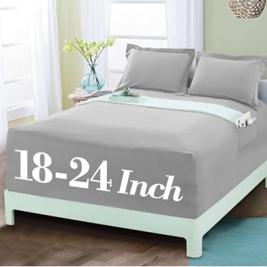 Imagem de Mocassi Lençol com elástico luxuoso 1800 premium de qualidade de hotel – Ultramacio, microfibra resistente a vincos 45,7 a 61 cm, lençol com elástico extra profundo com bolsos de armazenamento, Queen