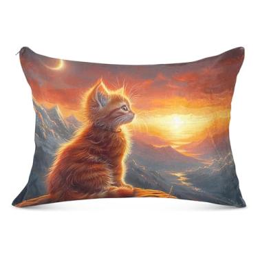 Imagem de Linda capa de travesseiro de flanela grande gato pôr do sol decorativa longa King Queen tamanho padrão capa de travesseiro de cama macia fofa, tamanho do corpo, 53 cm x 137 cm