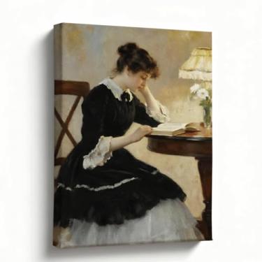 Imagem de Arte de parede em tela, pintura a óleo de retrato vitoriano, impressão de arte de museu de leitura de senhora na mesa, tela emoldurada para galeria Giclee, decoração de sala de estar, estudo de quarto