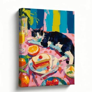 Imagem de Arte de parede em tela de gato, pintura de brunch de gato preto com frutas e bolo, decoração colorida de sala de jantar, estilo pop art, presente para amantes de gastronomia e gatos, impressão em tela