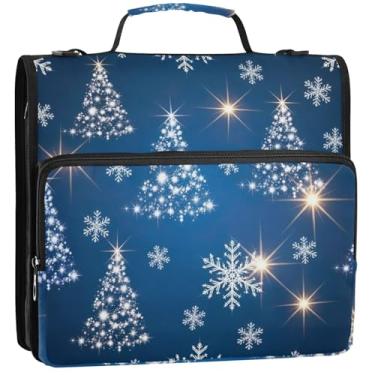 Imagem de Fichários de 3,8 cm com 3 anéis de flocos de neve brancos brilhantes com zíper e alça de ombro para portfólio de negócios escolares e porta-pastas, 34,5 x 31,5 x 9 cm