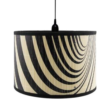 Imagem de Crapyt Capa de abajur de lustre, 30 cm × 30 cm × 20 cm E27 persianas redondas removíveis de madeira com figura geométrica preta para mesa/piso/teto/lâmpada de parede, padrão 1