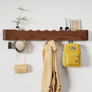 Imagem de Jadoxy Suporte de parede com prateleira, 8 ganchos ocultos, porta-chaves de madeira, organizador de entrada para corredor, quarto, banheiro, decoração de casa, armazenamento para pendurar casacos