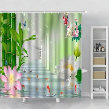 Imagem de Cortina de chuveiro de bambu 3D Channel Water Koi Zen paisagem conjunto de cortinas de banheiro com gancho lavável tecido cortinas de cozinha 55 x 71 pol. -140 x 180 cm/L x A cortina de chuveiro extra