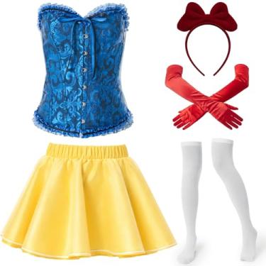 Imagem de Shyyween O conjunto de fantasia de princesa azul adulto inclui espartilho, minissaia, faixa de cabelo, luvas longas de cetim, meias até o joelho, Azul, amarelo, M