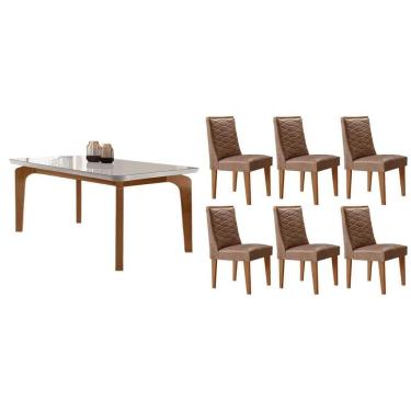Imagem de Sala Jantar Mesa Londrina Tampo c/ Vidro Curvo 180cm+6 Cadeiras Dafne Madeira Naturale/Off White - Capuccino/Corano Capuccino - Rufato
