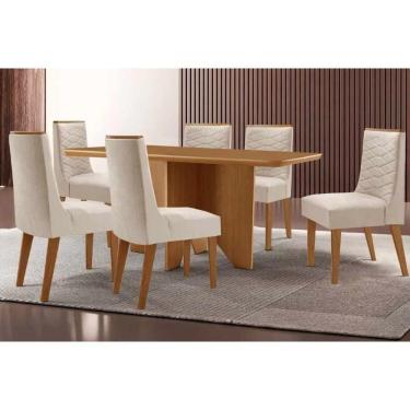 Imagem de Sala Jantar Mesa Nevada Tampo Curvo 180cm+6 Cadeiras Maldivas Madeira Naturale - Capuccino/Suede Creme - Rufato