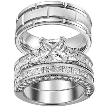 Imagem de ringheart Anéis de casal três pedras preenchidas com ouro amarelo corte princesa CZ conjuntos de alianças de casamento femininas de titânio, Women size7, Metal Cristal Metal Cristal strass, Zircônia