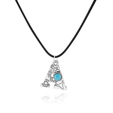 Imagem de LKingel Colar com inicial de prata para homens e mulheres - pingente vintage turquesa A-Z26 - Colar de couro estilo caubói ocidental (A)