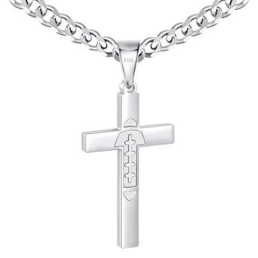 Imagem de Avotto Colar de aço inoxidável 316L com cruz de beisebol/futebol/futebol para homens, meninos, prata, ouro, preto, masculino, 5 mm, corrente cubana resistente que não desbota com pingente de cruz 45