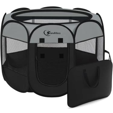 Imagem de Siedihit Cercadinho cinza escuro para cachorros e gatos grandes, gaiola para cães, gaiola interna/externa, canil pop-up portátil com bolsa de transporte para coelhos, parte superior removíve