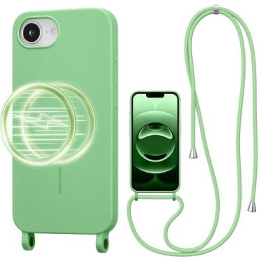Imagem de UCASONG Capa transversal magnética para iPhone 16E de 6,1 polegadas, capa de silicone líquido com alça ajustável no pescoço, [compatível com MagSafe] Capa protetora para telefone - verde cedro