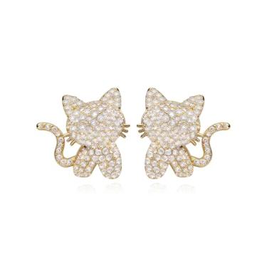 Imagem de Brincos pequenos banhados a ouro e prata de zircônia cúbica de gato fofo para mulheres, prata esterlina 925, minimalista, cristal brilhante para animais de estimação, joias modernas, Small, Metal, Sem