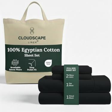 Imagem de CLOUDSCAPE LINEN Lençóis 100% algodão egípcio tamanho casal, conjunto de cama luxuoso de 4 peças, algodão egípcio 1000 fios, qualidade hoteleira, sedoso, respirável e durável, bolsos profundos até 17
