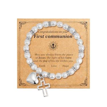Imagem de Eaciy Presentes de primeira comunhão para meninas – Pulseira de coração de cruz banhada a ouro branco 14K Primeiro Batismo Comunhão Presentes para meninas adolescentes, 6-8, Latão, Sem Pedra Preciosa