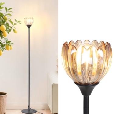 Imagem de Shenmoyl Luminária de chão para sala de estar, quarto, lâmpada preta com lâmpada de 12 W, lâmpadas de chão vintage para quarto, canto, berçário (tulipa âmbar)