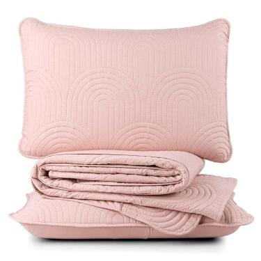 Imagem de Kit Cobre Leito Colcha Arcos Queen Dupla Face Matelado 200 Fios 3 Peças Rosa