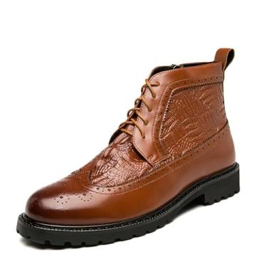 Imagem de Botas masculinas Chukka com zíper lateral Brogue Wingtip Retro Dress Boots for Men Elegante Casual PU Leather Boot com estampa de crocodilo, Marrom, 9