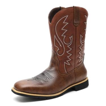 Imagem de Botas de cowboy masculinas clássicas vintage bico quadrado bordadas ocidentais botas de equitação masculinas retrô botas casuais de couro sintético botas de cano médio, Marrom, 38 BR