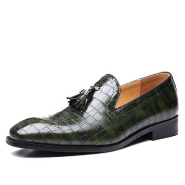 Imagem de Sapato social masculino estilo britânico sem cadarço de couro clássico esculpido formal sapatos de negócios mocassim com borla, Verde, 11.5