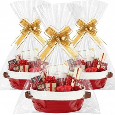 Imagem de Colingmill Pacote com 3 cestas pequenas de tecido para presentes com alças, sacos e fitas transparentes, cesta de armazenamento vazia, caixa decorativa para o dia das bruxas, dia de Ação de Graças