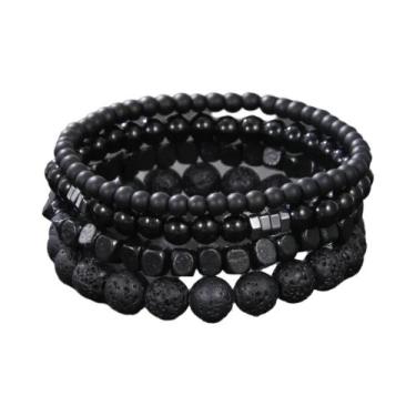Imagem de Conjunto De Pulseiras Elásticas De Pedra Vulcânica Preta Para Homens, 
