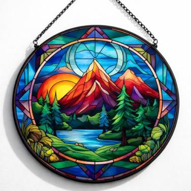Imagem de Protetor solar de vitral, pendurado na janela do pôr do sol no lago da montanha, apanhador de sol de vidro verdadeiro, liso/texturizado, redondo de 19 cm, moldura e corrente de metal, gancho adesivo