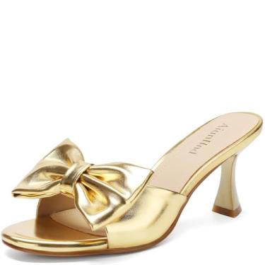 Imagem de AIUNIIND Sandálias femininas de salto baixo com laço redondo aberto de 6 cm de salto baixo confortável, perfeita para casamentos, encontros, casual, escritório e festas de verão, Dourado, 37