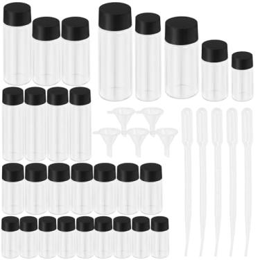 Imagem de Swpeet 38 peças, 5 unidades, 5 ml, 10 ml, 15 ml, 20 ml, 30 ml, frascos de vidro pequenos transparentes com tampas de rosca pretas e pipetas de transferência de plástico com funil de plástico, kit