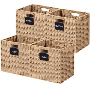Imagem de UBBCARE Pacote com 4 cestas de vime, 12 × 12 cubos de armazenamento com etiqueta, caixa de armazenamento dobrável com alça, cesta de armazenamento quadrada para prateleiras, cesta de corda de papel