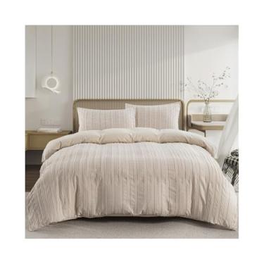Imagem de x3anggyt5 Conjunto de capa de edredom de cor pura boho listrado tufado texturizado conjunto de cama 2/3 peças de microfibra macia de luxo (cáqui, solteiro EUA (173 x 229 cm))